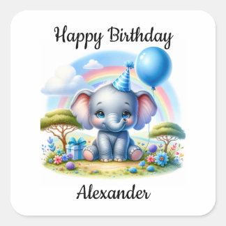 Schattige Verjaardag Olifant in Blue Party Pet Vierkante Sticker