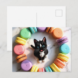 Schattige Verjaardags Kat met Kleurrijke Macarons Briefkaart