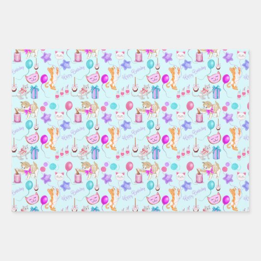 Schattige verjaardagscatten vieren feest inpakpapier vel (Voorkant)