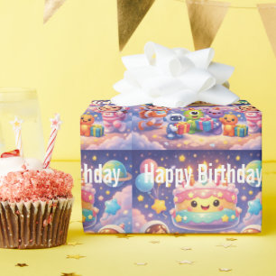 Schattige Verjaardagsfeestje in de Ruimte met Astr Cadeaupapier