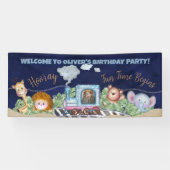 Schattige verjaardagsfeestje voor treinmotor spandoek (Horizontaal)