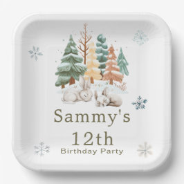 Schattige verjaardagsfeestje voor winterkonijnen papieren bordje