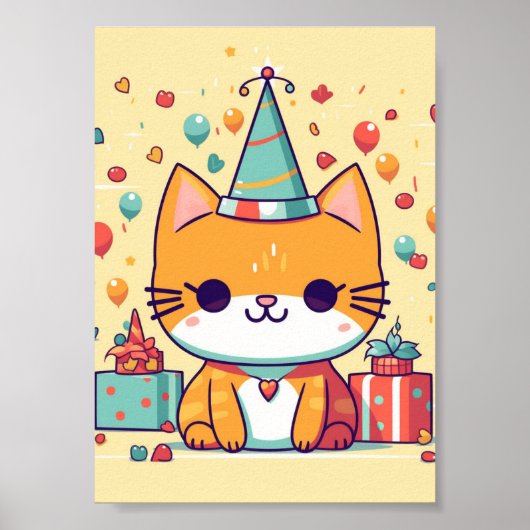 Schattige verjaardagsfeestkat poster (Voorkant)