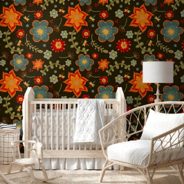 Schattige vet Oranje blauw bloemig grillig patroon Behang