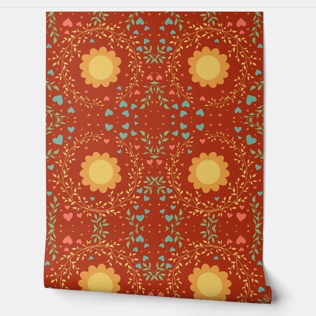 Schattige vet rood bloemig grillig patroon behang (Afrollen)