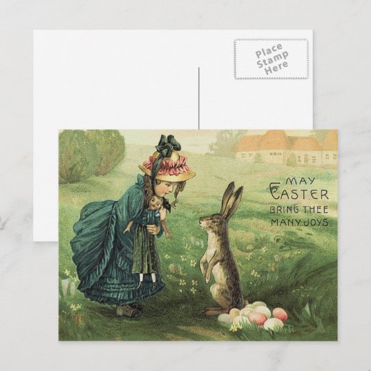 Schattige Victoriaans Meisje Doll Paashaas Feestdagenkaart (Voorkant / Achterkant)