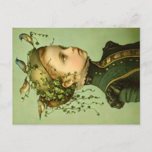 Schattige Victoriaans Meisje & Wijnstokken & Vogel Briefkaart (Voorkant)