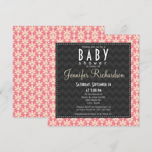 Schattige Vierkant Roze Damask Pattern Baby shower Kaart (Voorkant / Achterkant)