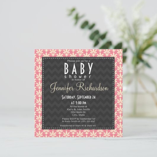 Schattige Vierkant Roze Damask Pattern Baby shower Kaart (Staand voorkant)