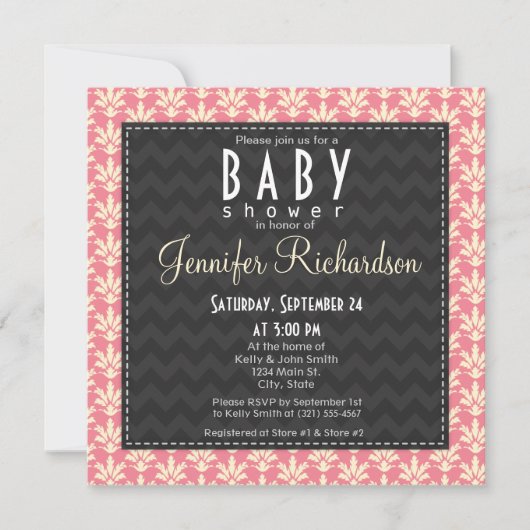 Schattige Vierkant Roze Damask Pattern Baby shower Kaart (Voorkant)