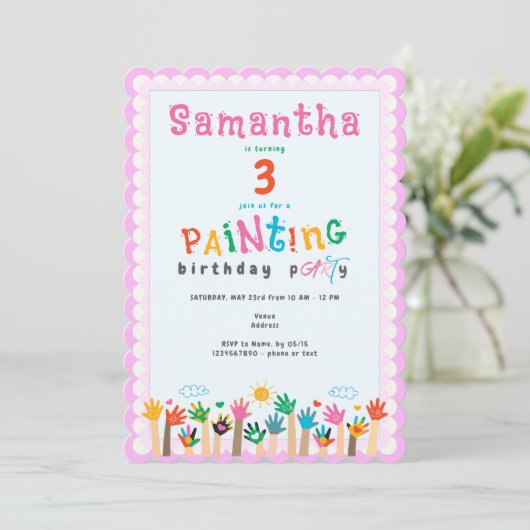 Schattige Vingerschilderij Roze Meisje Kunst Verja Kaart (Staand voorkant)