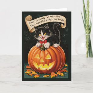Schattige vintage bange kat en pompoen Halloween Feestdagen Kaart