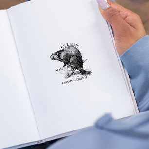 Schattige vintage bever, Ex Libris boek  Rubberstempel