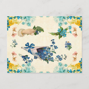 Schattige vintage blauwe en gele bloemendecoupage  briefkaart