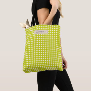Schattige vintage chartreuse geruite gepersonalise tote bag