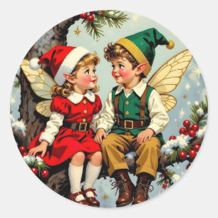 Schattige Vintage Elfen Fee Kinderen Kerstmis Ronde Sticker