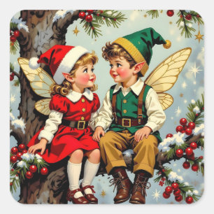 Schattige Vintage Elfen Fee Kinderen Kerstmis Vierkante Sticker