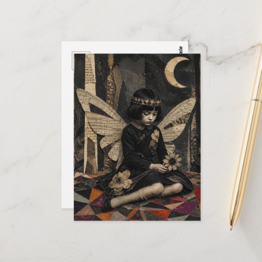 Schattige Vintage Fee Mixed Media Collage Briefkaart (Voorkant / Achterkant in situ)