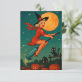Schattige Vintage Halloween Heks Op Bezem (Staand voorkant)