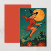 Schattige Vintage Halloween Heks Op Bezem (Voorkant / Achterkant)
