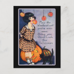 Schattige vintage Halloween zwarte kat Briefkaart