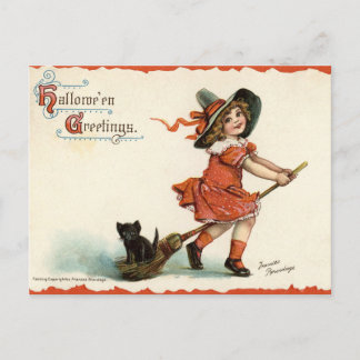 Schattige Vintage Heks op Bezem Halloween Ansichtk Briefkaart