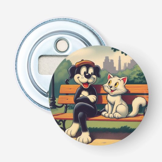 Schattige, vintage hond/kat cartoon button flesopener (Voorkant)