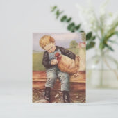 Schattige Vintage Jongen en Kip Briefkaart (Staand voorkant)