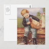Schattige Vintage Jongen en Kip Briefkaart (Voorkant / Achterkant)