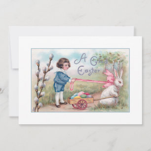 Schattige vintage jongen, Paashaas en gekleurde ei Feestdagenkaart