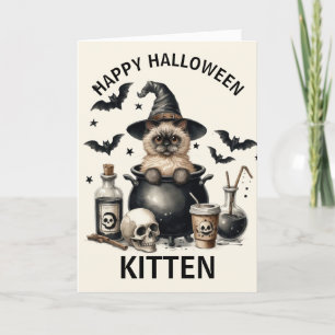 Schattige vintage kat in een heksenketel Halloween Feestdagen Kaart