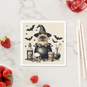 Schattige vintage kat in een heksenketel Halloween Servet
