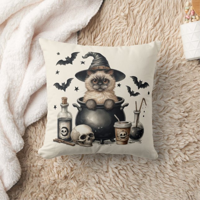 Schattige vintage kat in een ketel Halloween Kussen (Deken)