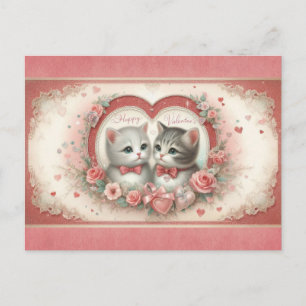 Schattige vintage kat Valentijnsdag roze bloemen Briefkaart
