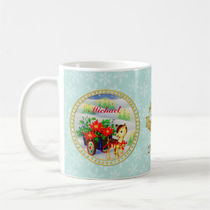 Schattige Vintage Kerst Reindeer & Bloemen Kar Koffiemok