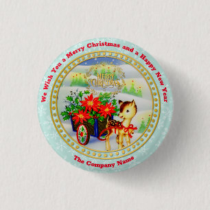 Schattige Vintage Kerst Reindeer & Bloemen Kar Ronde Button 3,2 Cm