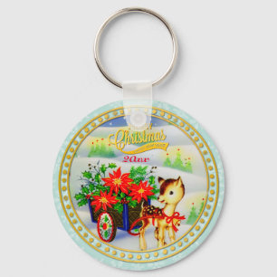 Schattige Vintage Kerst Reindeer & Bloemen Kar Sleutelhanger