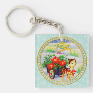 Schattige Vintage Kerst Reindeer & Bloemen Kar Sleutelhanger