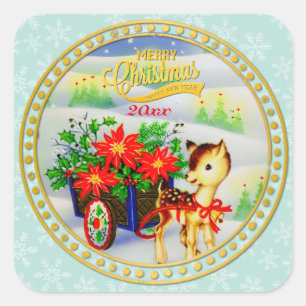 Schattige Vintage Kerst Reindeer & Bloemen Kar Vierkante Sticker