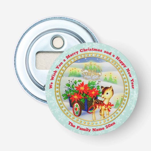 Schattige Vintage Kerst Rendier & Bloemenwagen Button Flesopener (Voorkant)