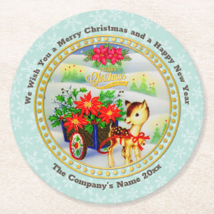 Schattige Vintage Kerst Rendieren & Bloemen Kar Ronde Kartonnen Onderzetter