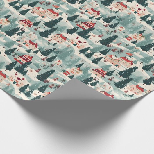Schattige vintage kerstdorp cadeaupapier (Hoek)