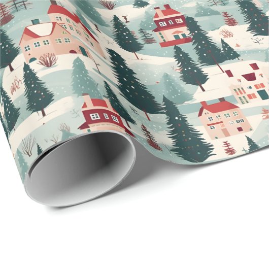 Schattige vintage kerstdorp cadeaupapier (Rol Hoek)