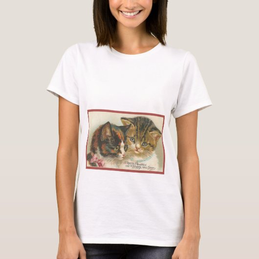 Schattige Vintage Kerstkatten T-shirt (Voorkant)