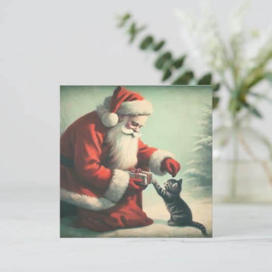 Schattige vintage Kerstman met kitten  Kaart (Staand voorkant)