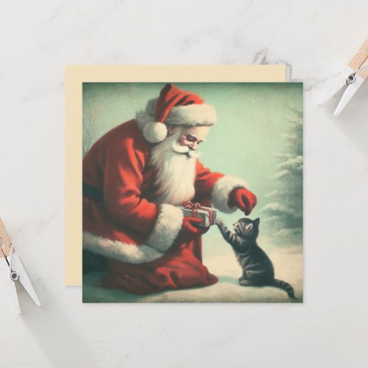 Schattige vintage Kerstman met kitten  Kaart (Voorkant / Achterkant in situ)