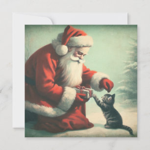 Schattige Vintage Kerstman met Kitten  Kaart