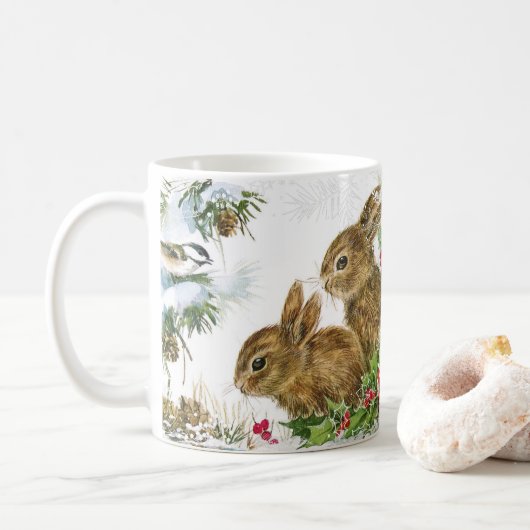 Schattige Vintage-kerstsnow Bunny en Holly Koffiemok (Met donut)