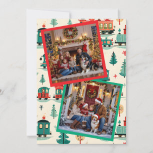 Schattige Vintage Kersttreinen en Familiefoto Feestdagenkaart
