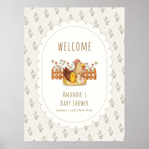 Schattige Vintage Kip Bloemige Baby Shower Welkom  Poster